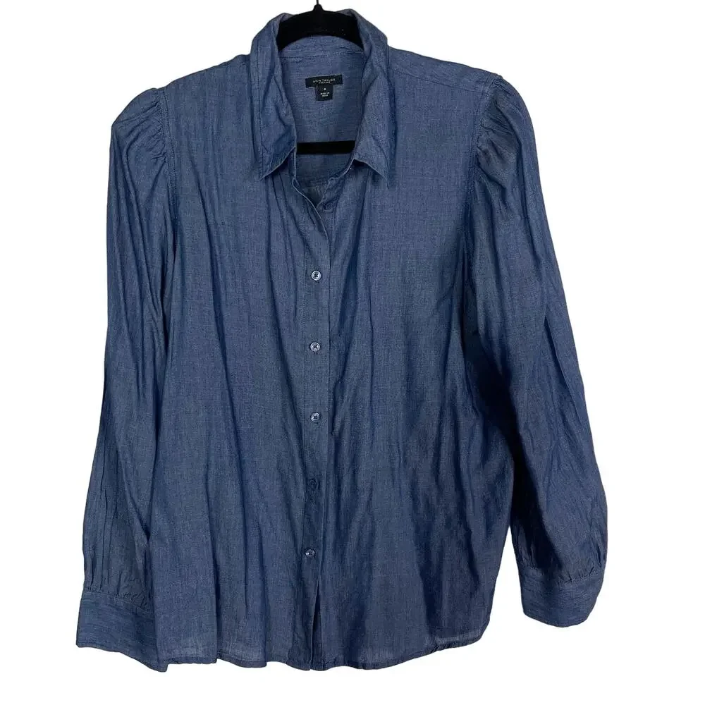 Ann Taylor Medium Blue Lightweight Chambray Puff Long Sleeve Button Down Blouse